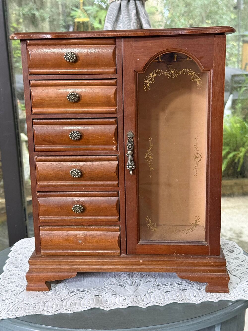 Vintage Wooden Jewelry Armoire 6 Drawer Etched Glass Necklace Carousel Cabinet